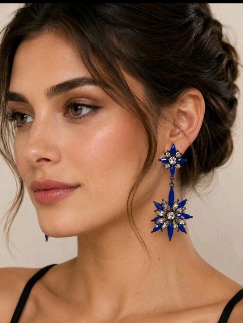 Earrings Cobalt Crystals Floral Starburst Elegant Design Dangle NEW #☆